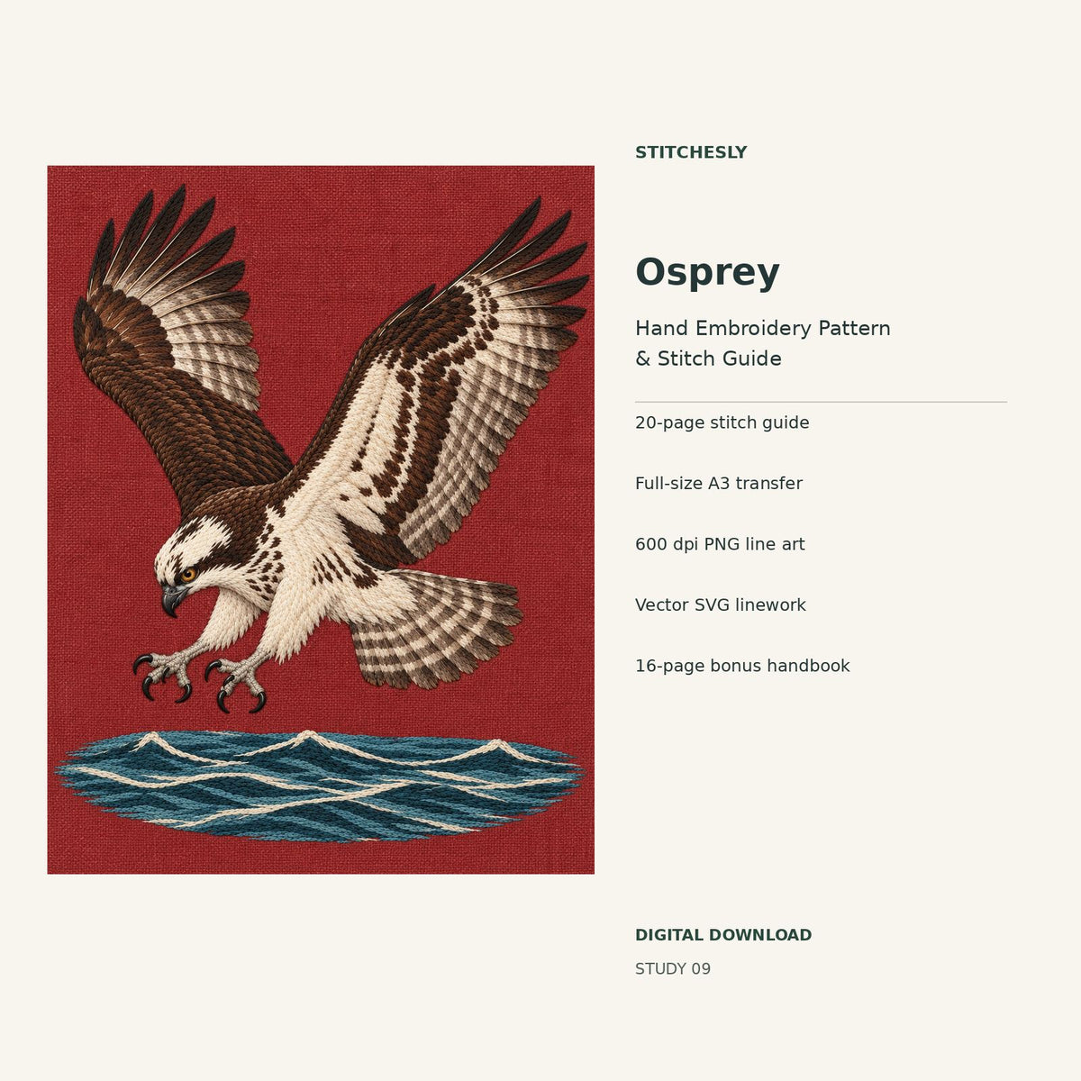 Osprey hand embroidery digital package cover showing the reference artwork and included guide, transfer, PNG, SVG and bonus handbook.