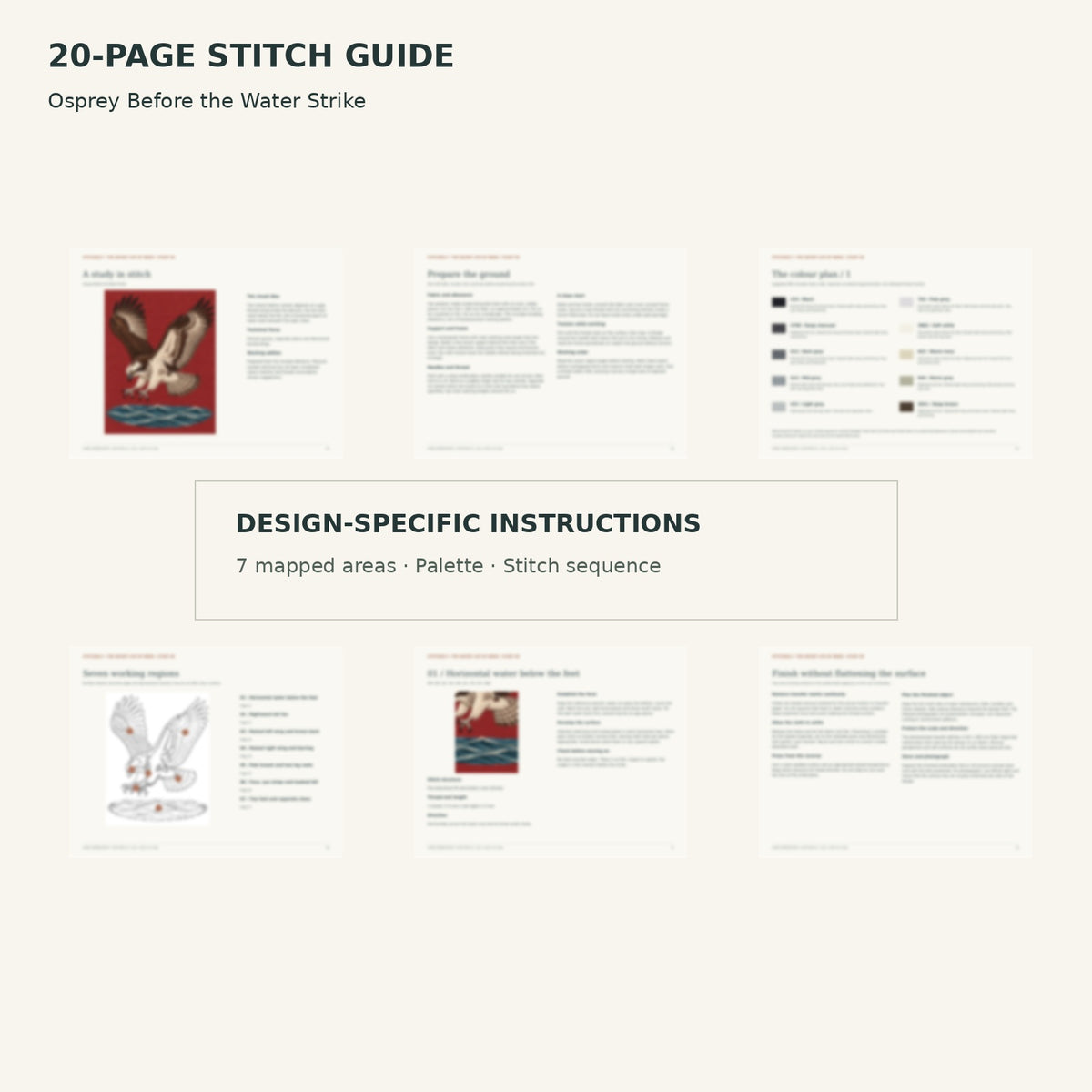Protected page overview of the 20-page Osprey stitch guide, including its numbered map, suggested palette and working sequence.
