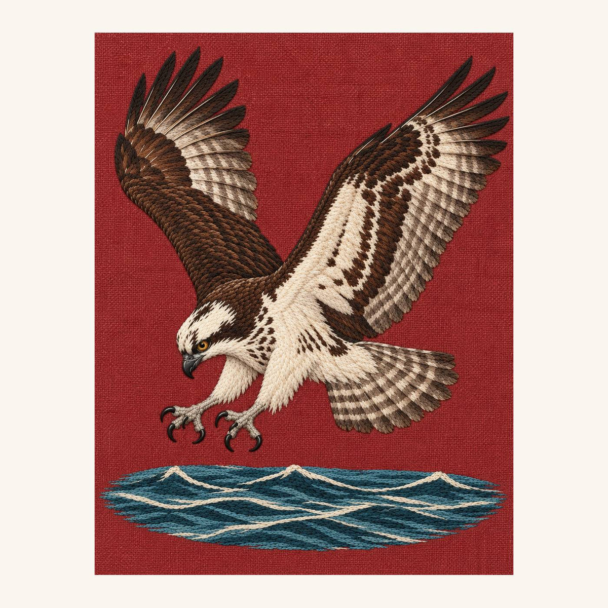 Digital embroidery reference showing an osprey poised above the water on muted terracotta linen, portrait composition.
