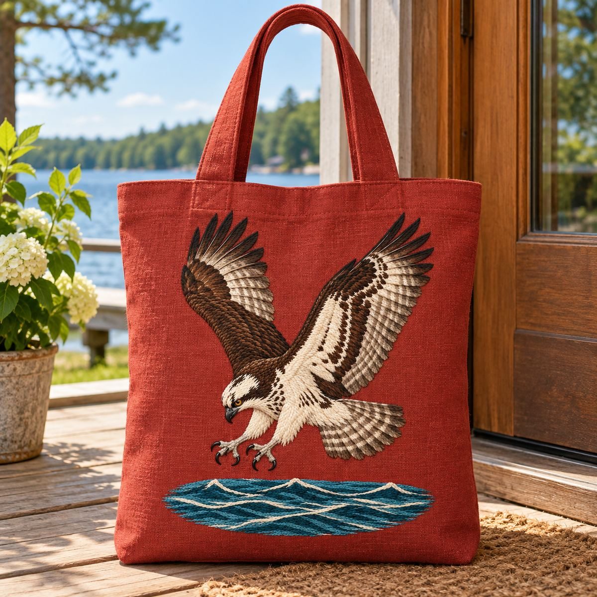 Osprey embroidery design in a digital mockup of A tall terracotta linen tote bag front standing upright beside a lake-house door, handles above and motif unrotated. Placement inspiration for Study 09.