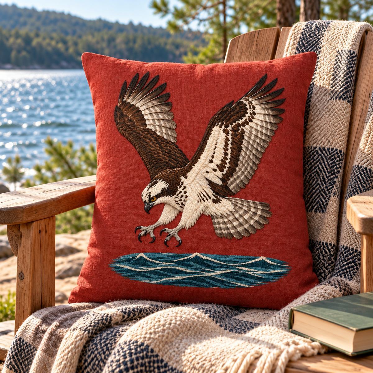 Osprey embroidery design in a digital mockup of A PORTRAIT terracotta linen cushion against a lakeside reading chair, taller than wide, water at bottom. Placement inspiration for Study 09.