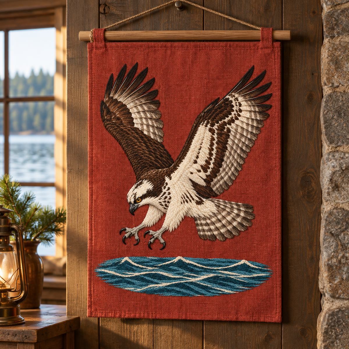 Osprey embroidery design in a digital mockup of A tall terracotta linen wall banner hanging from a short ash rod in a fishing lodge, entire portrait motif visible. Placement inspiration for Study 09.
