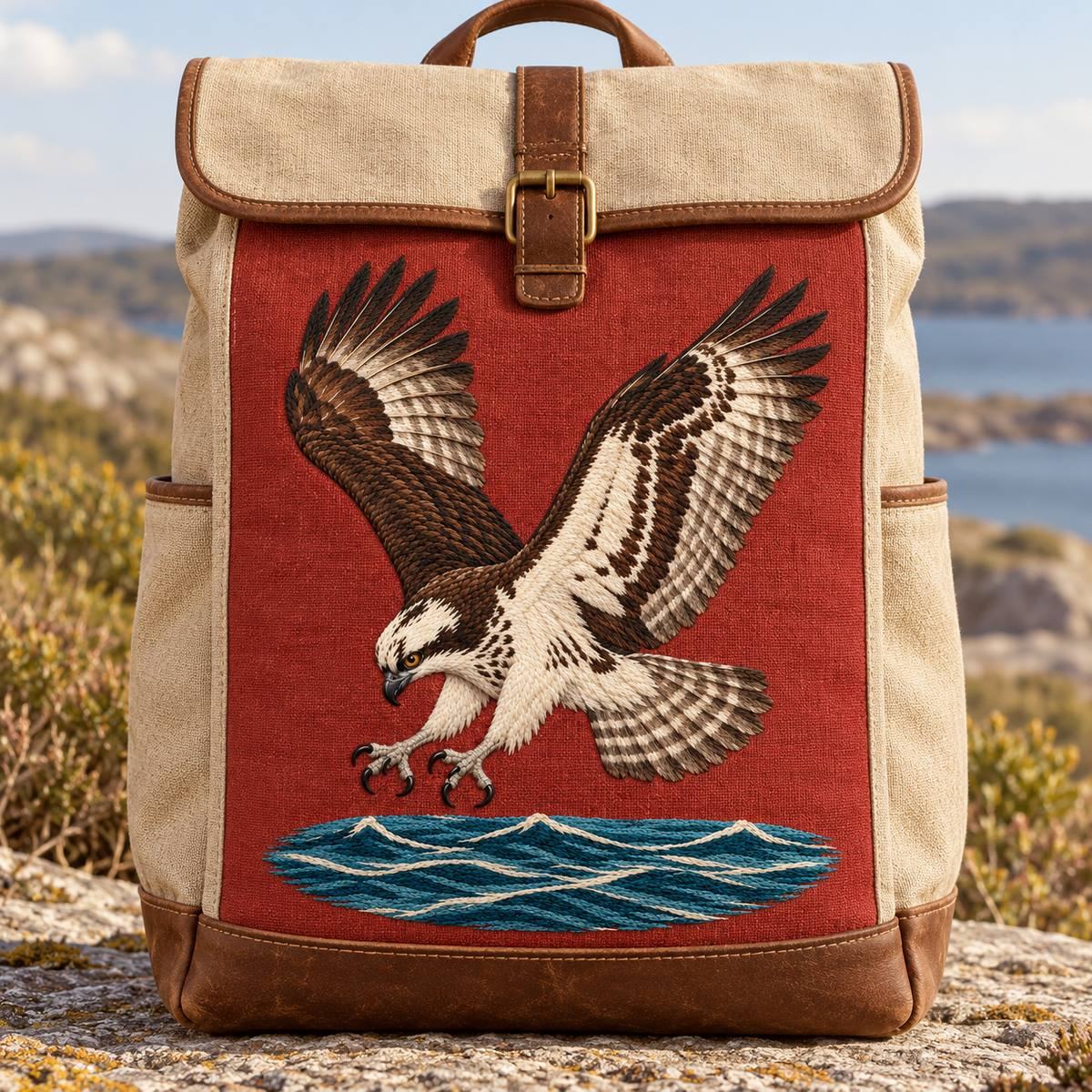 Osprey embroidery design in a digital mockup of A terracotta linen back panel on a large natural canvas backpack, bag standing upright, straps entirely behind the panel. Placement inspiration for Study 09.