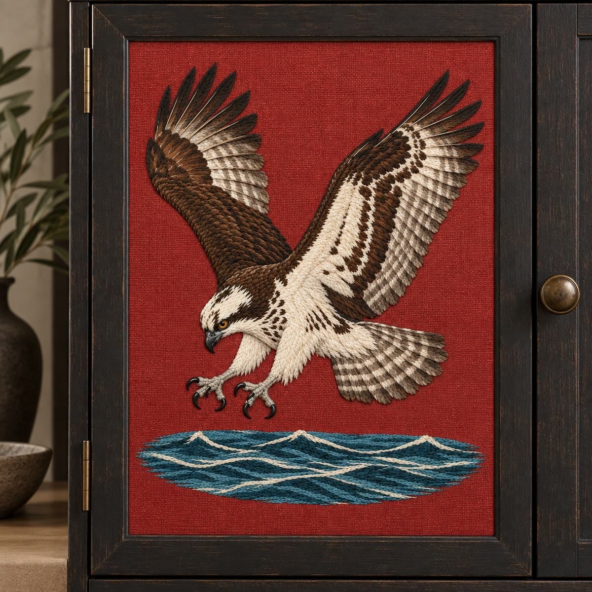 Osprey embroidery design in a digital mockup of A PORTRAIT terracotta linen textile inset on an upright cabinet door, straight-on, simple blackened timber surround. Placement inspiration for Study 09.