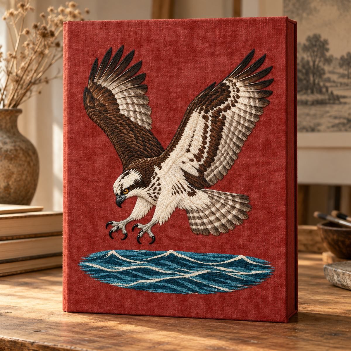 Osprey embroidery design in a digital mockup of A terracotta linen tall artist's sketchbook slipcase for a large A3 portrait folio, standing upright, no lettering. Placement inspiration for Study 09.