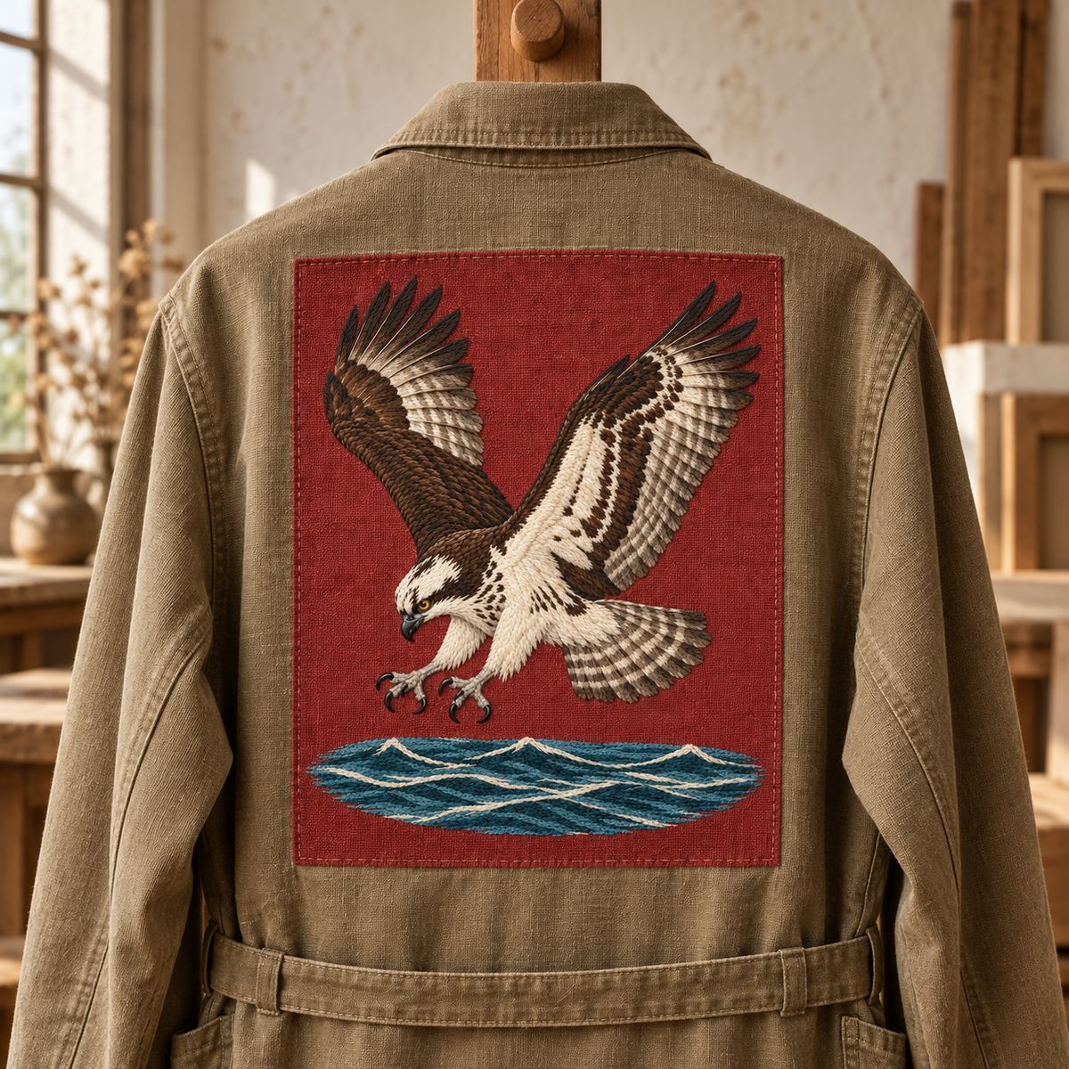 Osprey embroidery design in a digital mockup of A terracotta linen long vertical patch on the back of an unoccupied canvas studio smock hanging straight from a peg, motif tall with water lowest. Placement inspiration for Study 09.