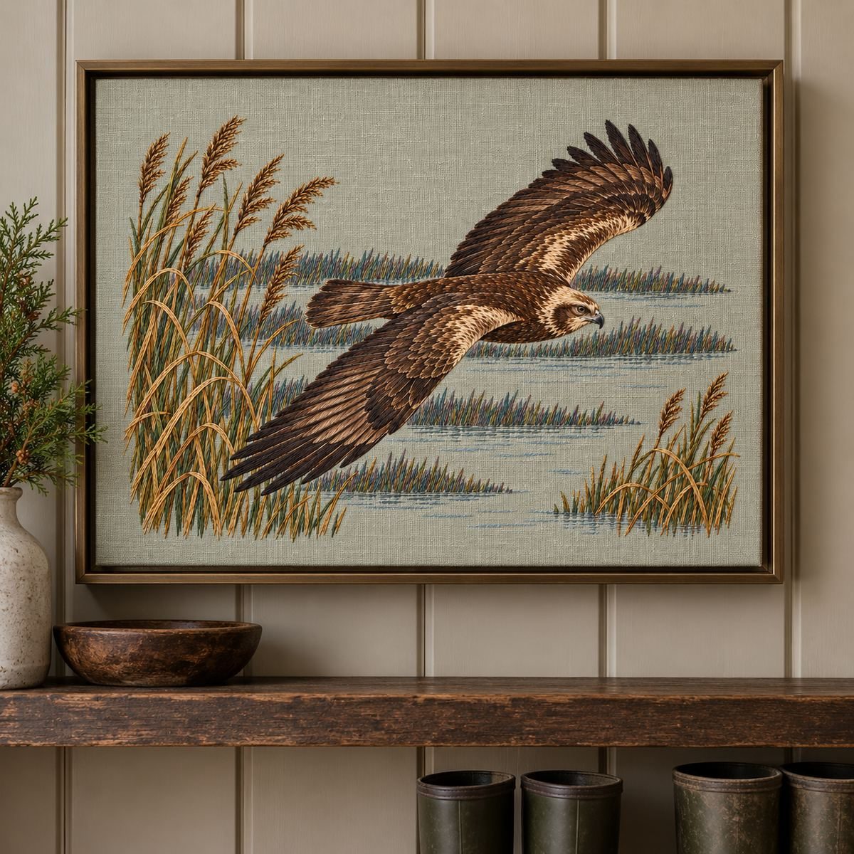 Harrier hand embroidery design on a framed wall display. Digital placement mockup; finished item and materials are not included.