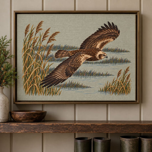 Harrier hand embroidery design on a framed wall display. Digital placement mockup; finished item and materials are not included.