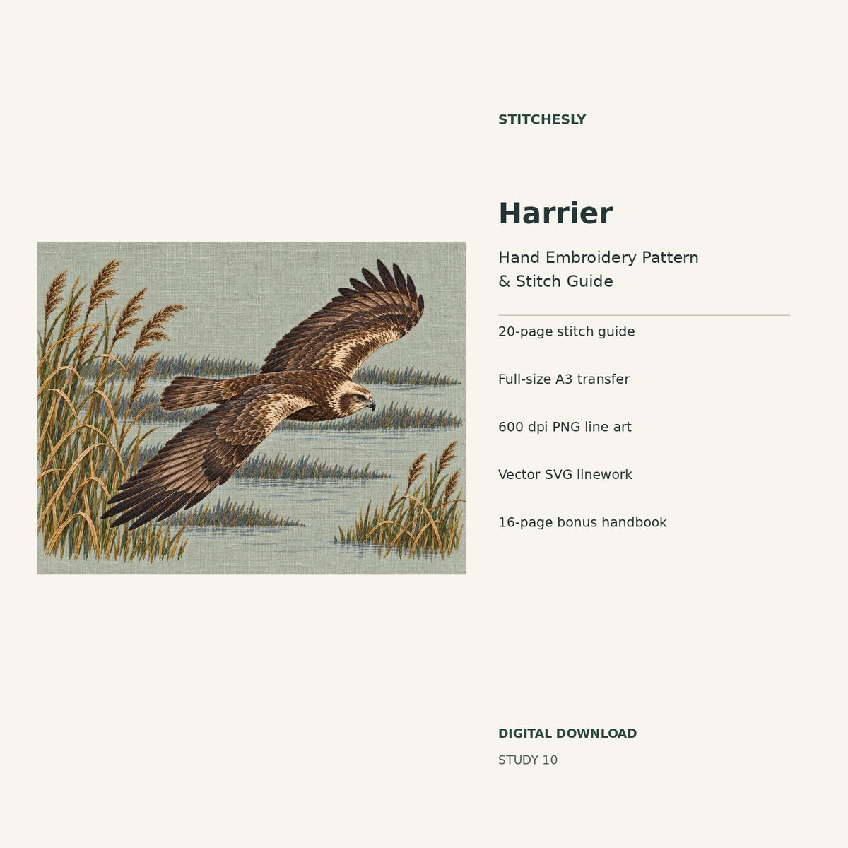 Harrier hand embroidery digital package cover showing the reference artwork and included guide, transfer, PNG, SVG and bonus handbook.