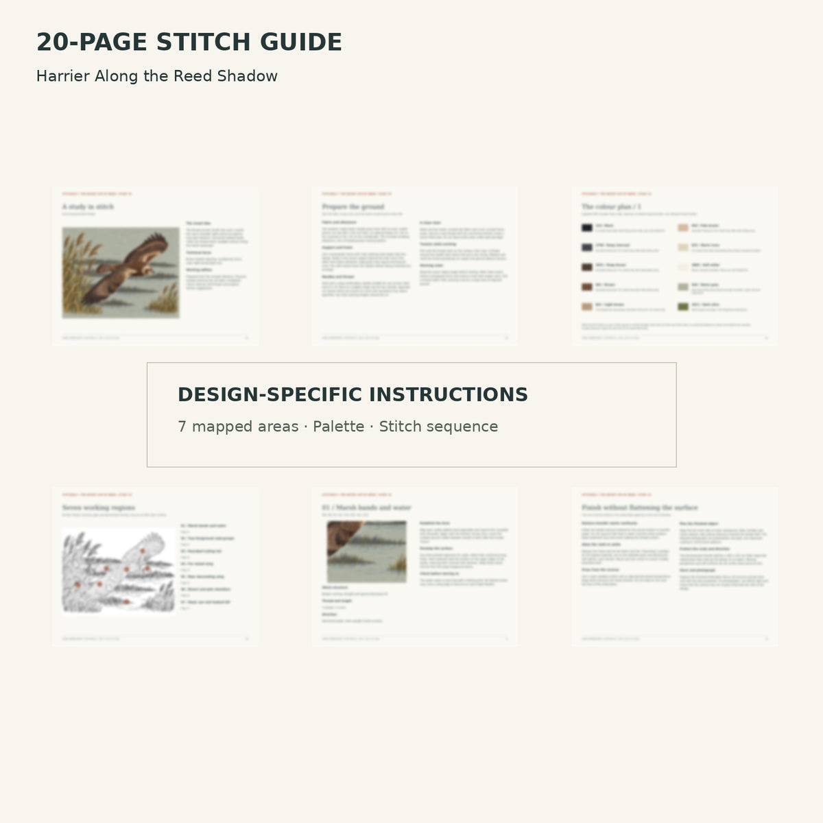 Protected page overview of the 20-page Harrier stitch guide, including its numbered map, suggested palette and working sequence.