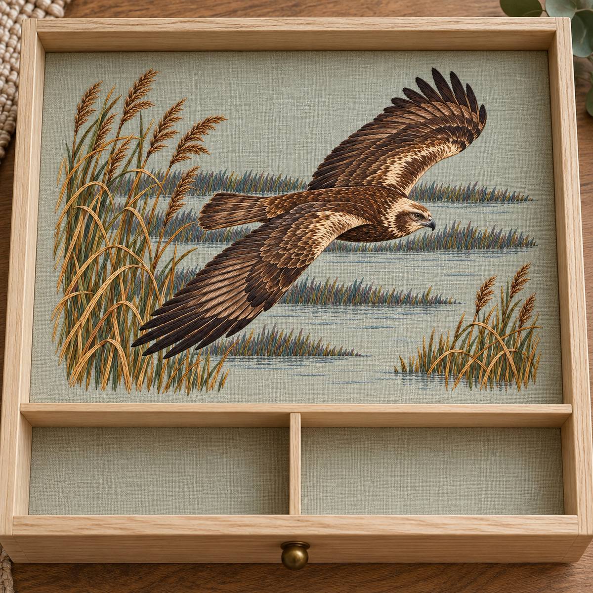 Harrier hand embroidery design on a wooden display cabinet. Digital placement mockup; finished item and materials are not included.