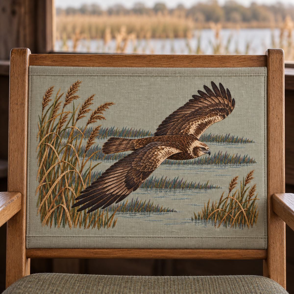 Harrier hand embroidery design on a wooden working frame beside a window. Digital placement mockup; finished item and materials are not included.