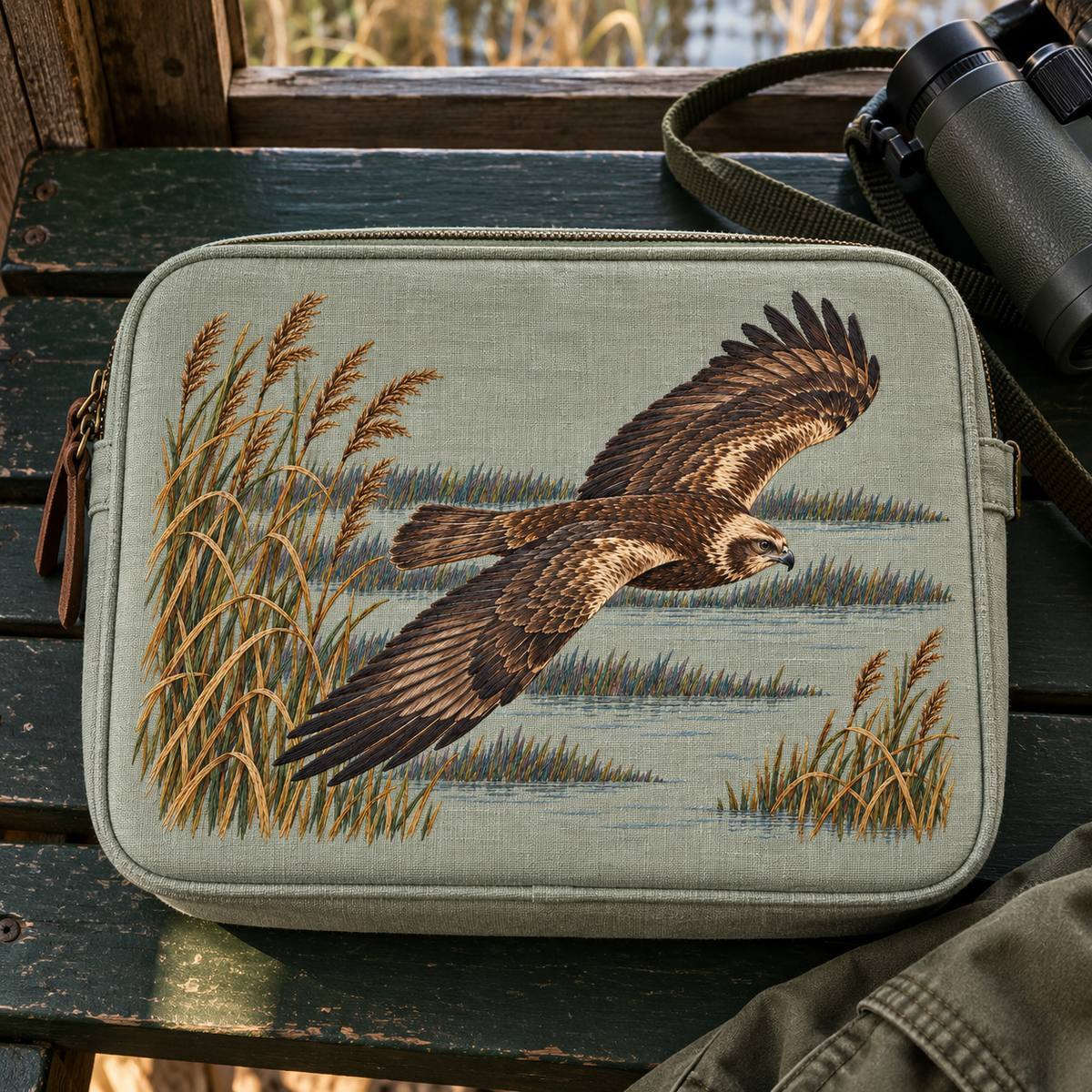 Harrier hand embroidery design on a padded travel bag. Digital placement mockup; finished item and materials are not included.
