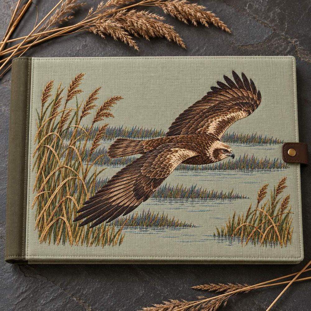 Harrier hand embroidery design on a linen portfolio with a leather clasp. Digital placement mockup; finished item and materials are not included.