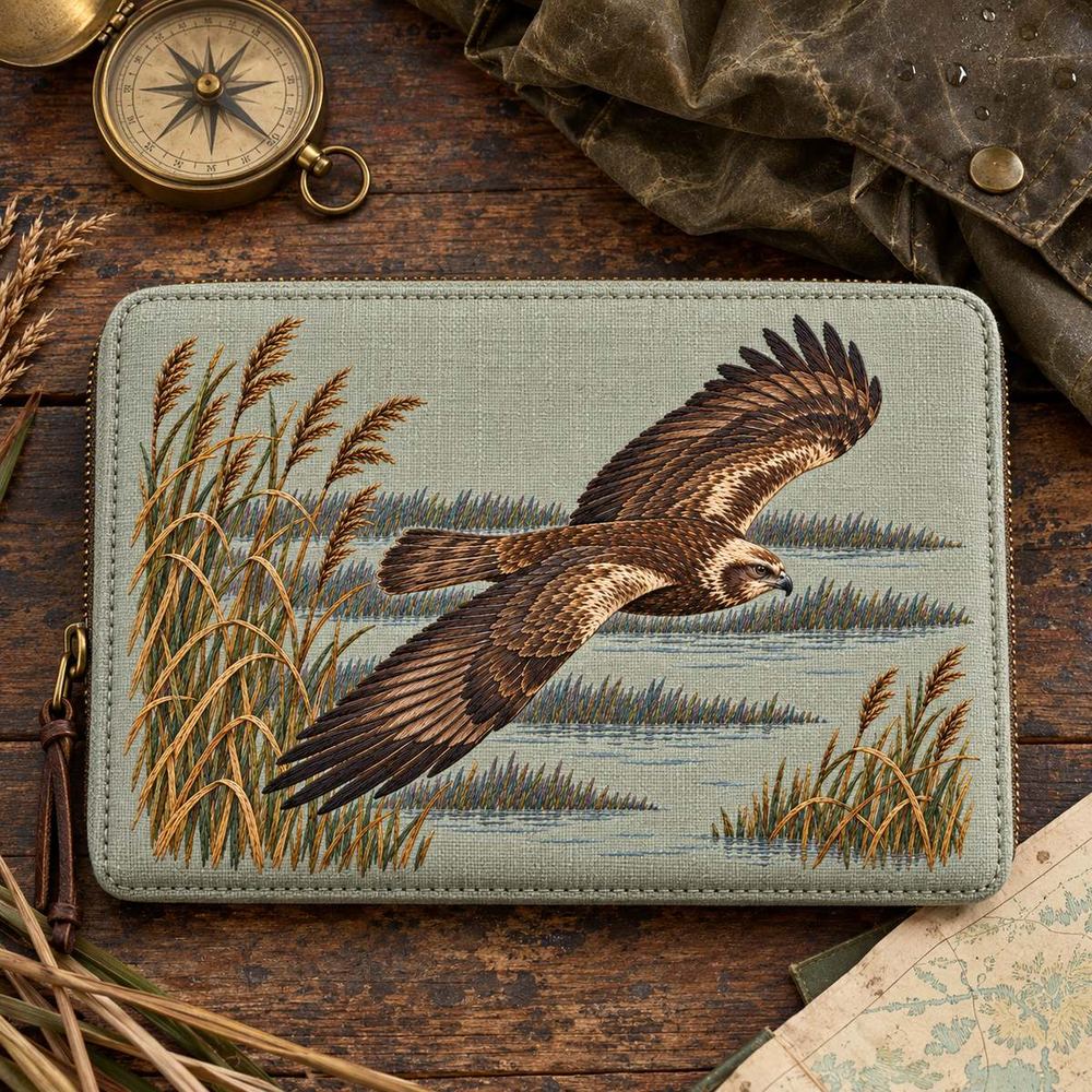 Harrier hand embroidery design on a zippered field case beside a compass. Digital placement mockup; finished item and materials are not included.
