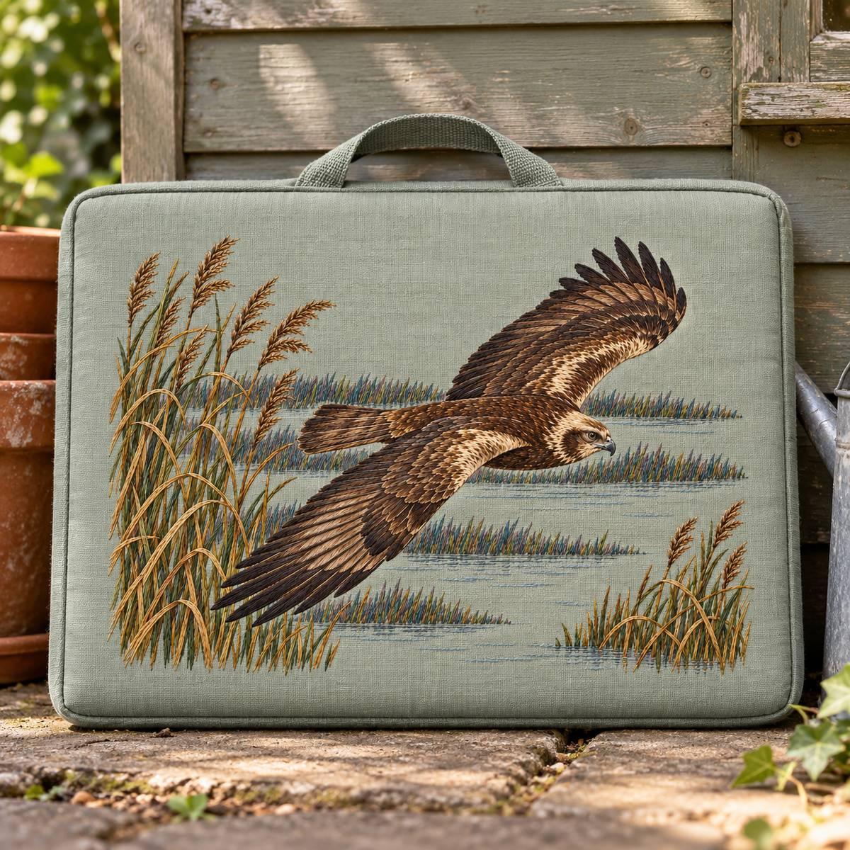 Harrier hand embroidery design on a handled carrying case. Digital placement mockup; finished item and materials are not included.