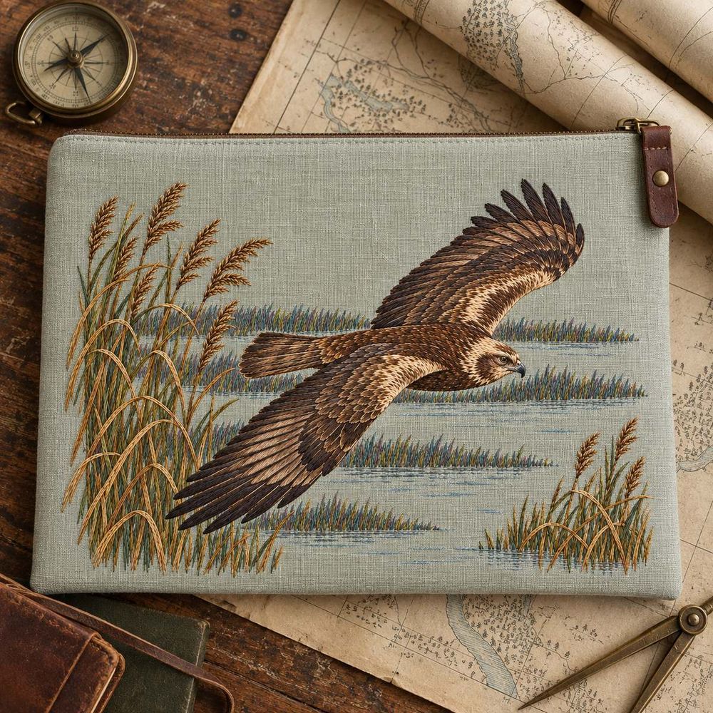Harrier hand embroidery design on a linen document sleeve. Digital placement mockup; finished item and materials are not included.