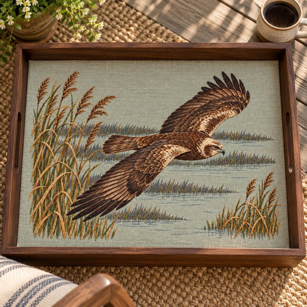 Harrier hand embroidery design on a wooden serving tray. Digital placement mockup; finished item and materials are not included.