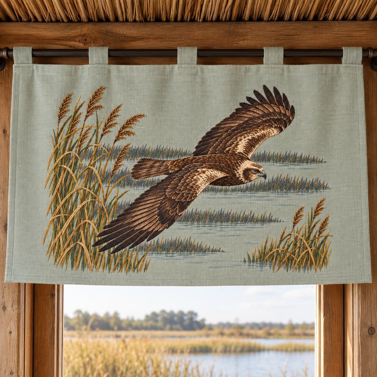 Harrier hand embroidery design on a short linen curtain. Digital placement mockup; finished item and materials are not included.