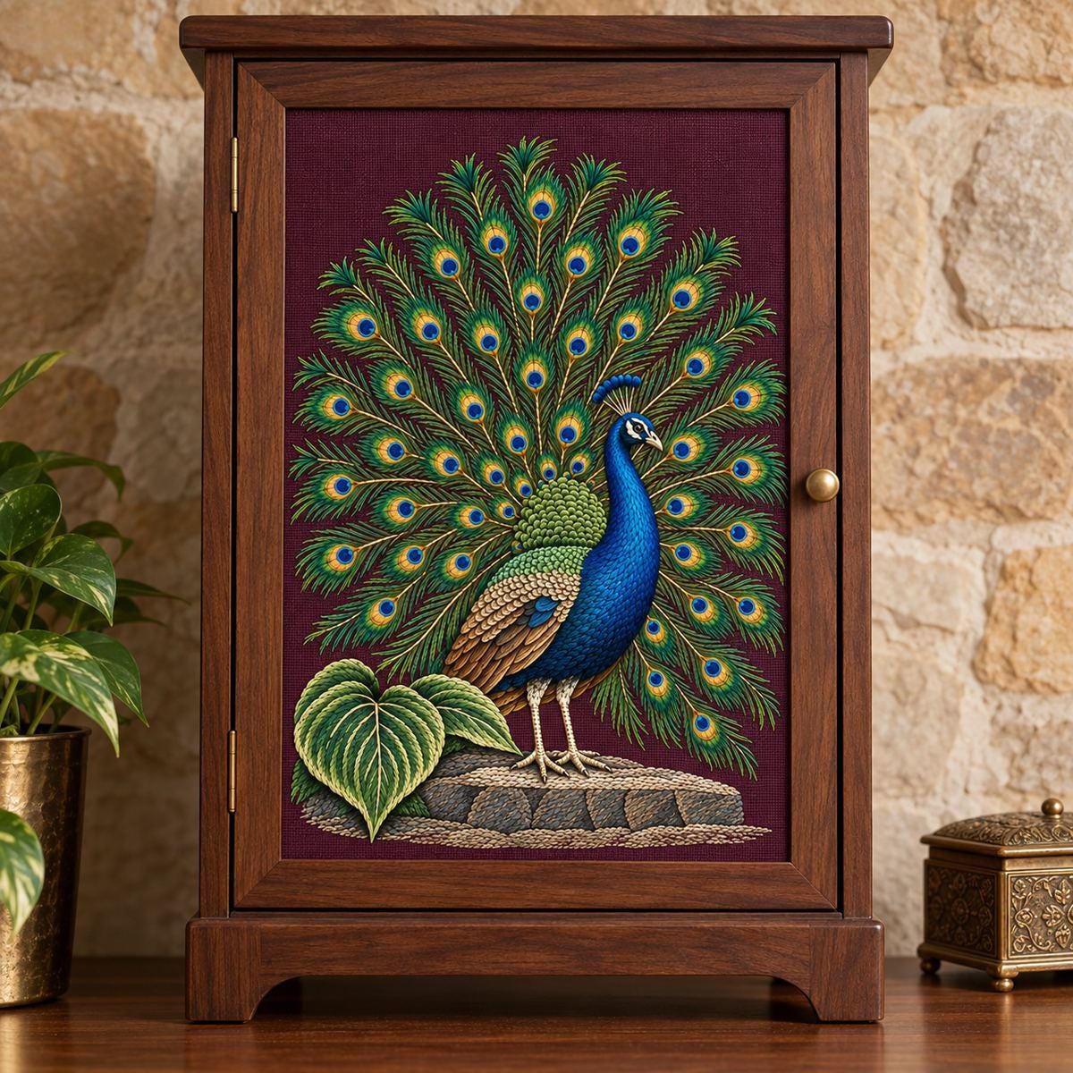 Peacock hand embroidery design on a small wooden cabinet. Digital placement mockup; finished item and materials are not included.
