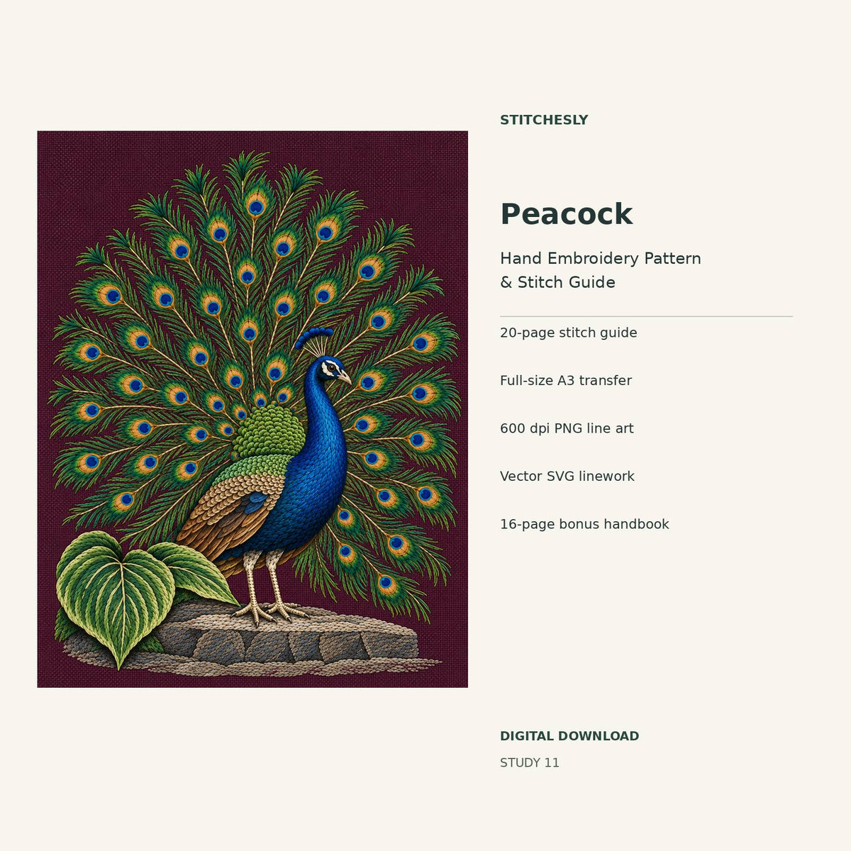 Peacock hand embroidery digital package cover showing the reference artwork and included guide, transfer, PNG, SVG and bonus handbook.