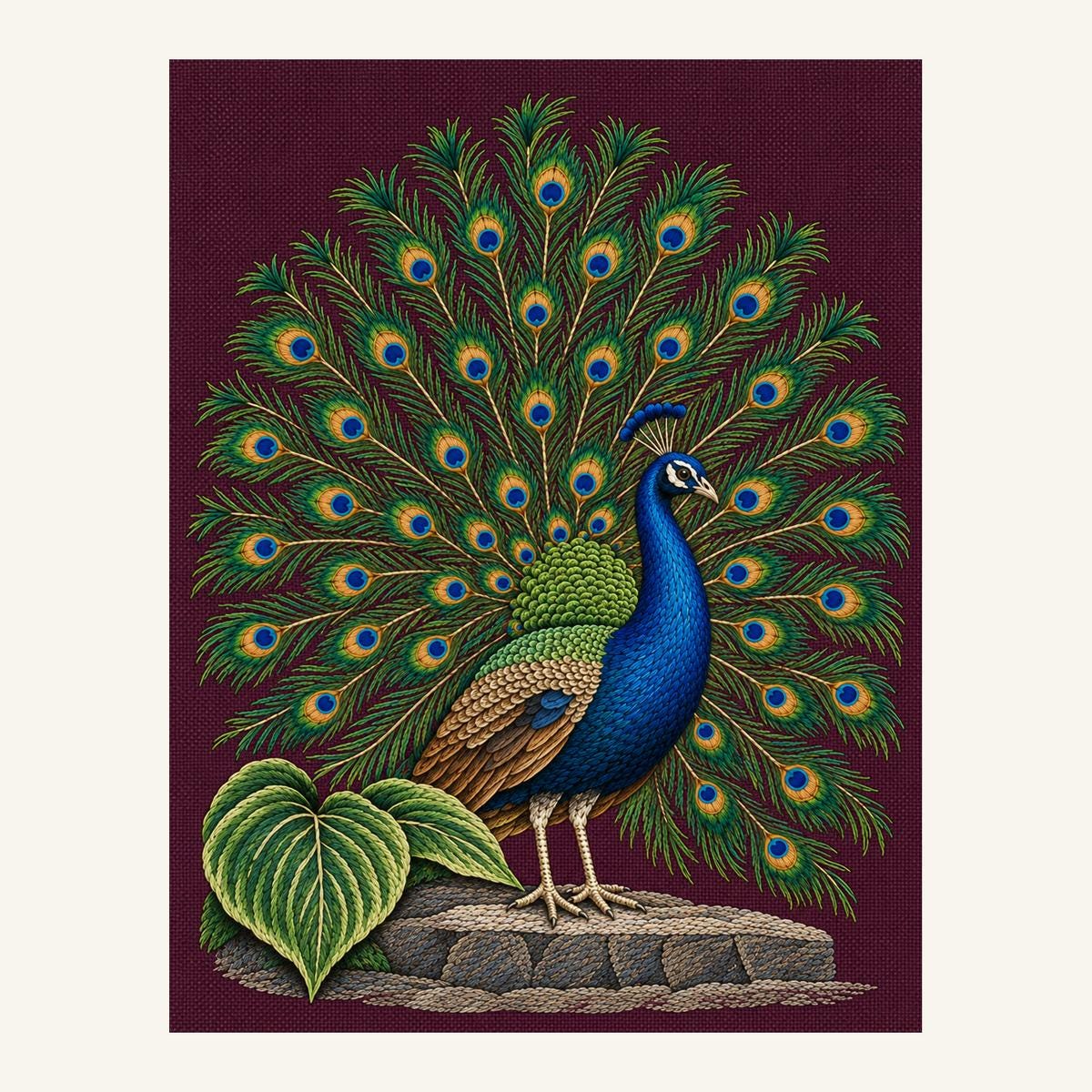 Digital embroidery reference showing a peacock with an open eyespot train on deep smoky plum linen, portrait composition.
