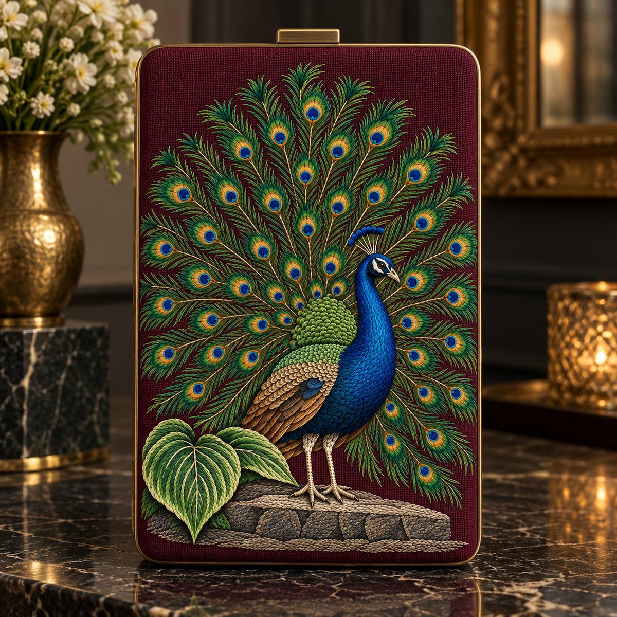 Peacock hand embroidery design on a burgundy document folio. Digital placement mockup; finished item and materials are not included.