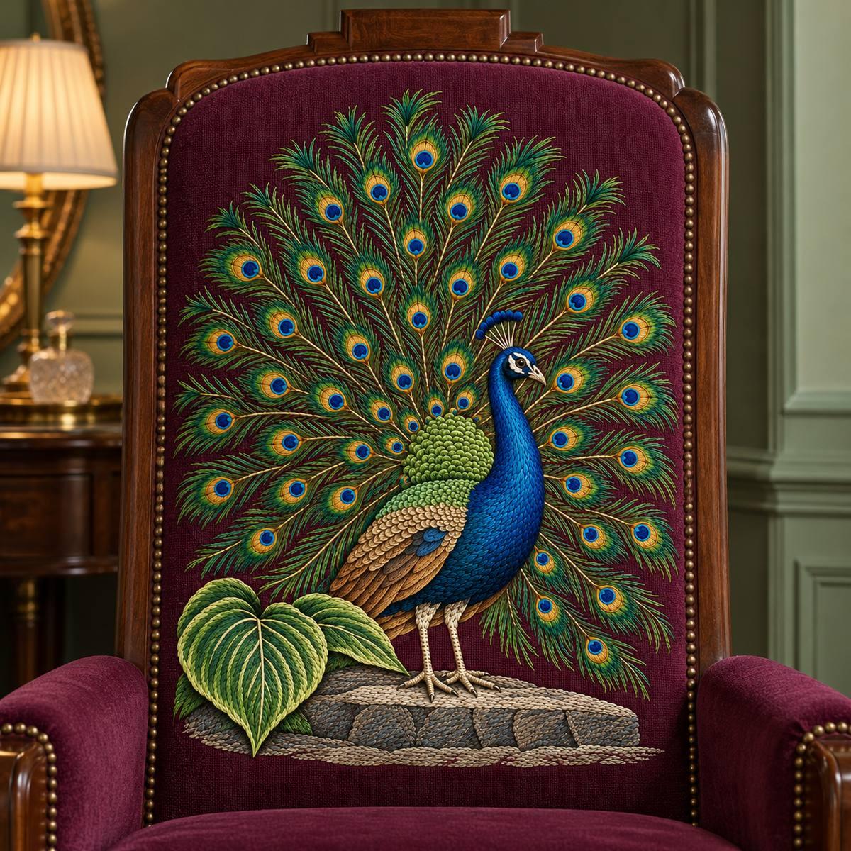 Peacock hand embroidery design on a burgundy chair back. Digital placement mockup; finished item and materials are not included.