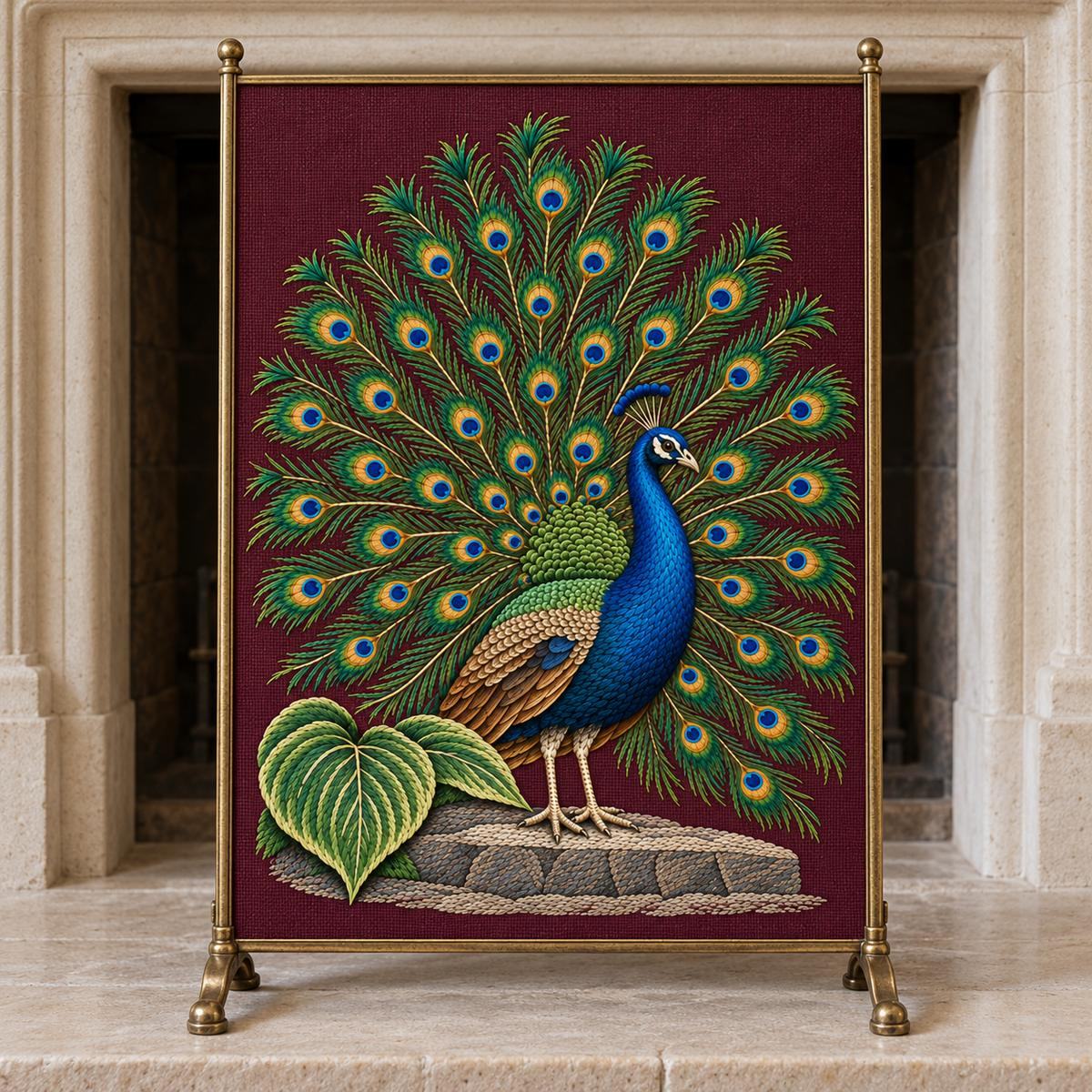 Peacock hand embroidery design on a standing textile screen. Digital placement mockup; finished item and materials are not included.