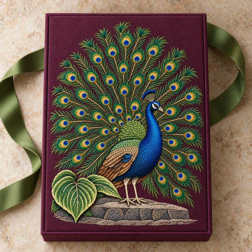 Peacock hand embroidery design on a ribbon-tied textile cover. Digital placement mockup; finished item and materials are not included.