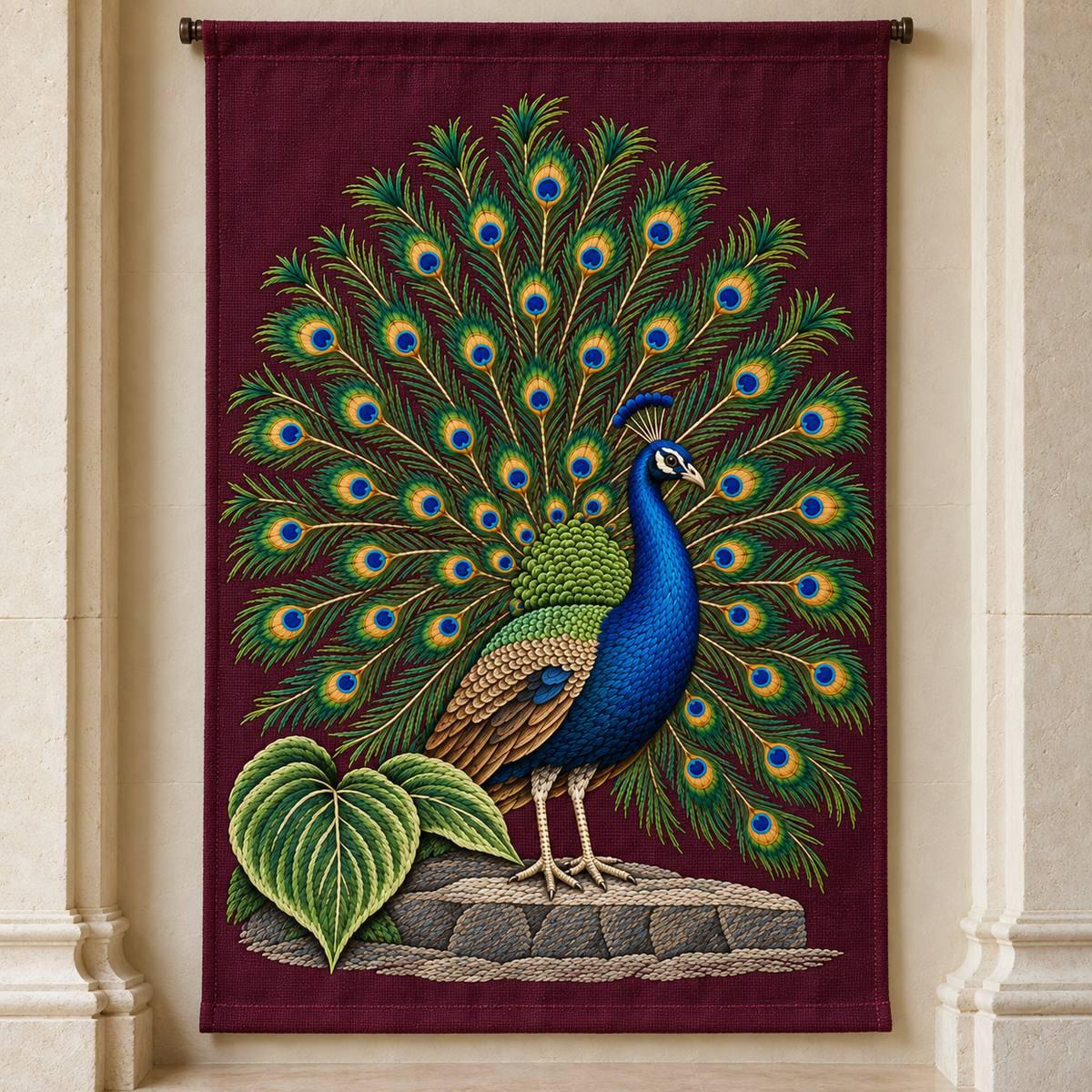 Peacock hand embroidery design on a hanging textile panel. Digital placement mockup; finished item and materials are not included.