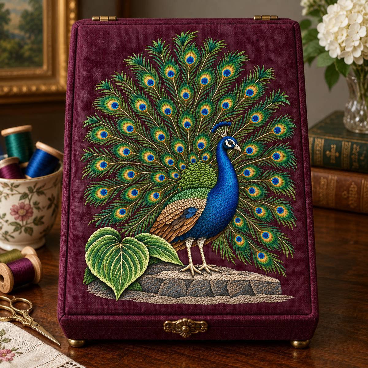 Peacock hand embroidery design on a sewing storage case. Digital placement mockup; finished item and materials are not included.