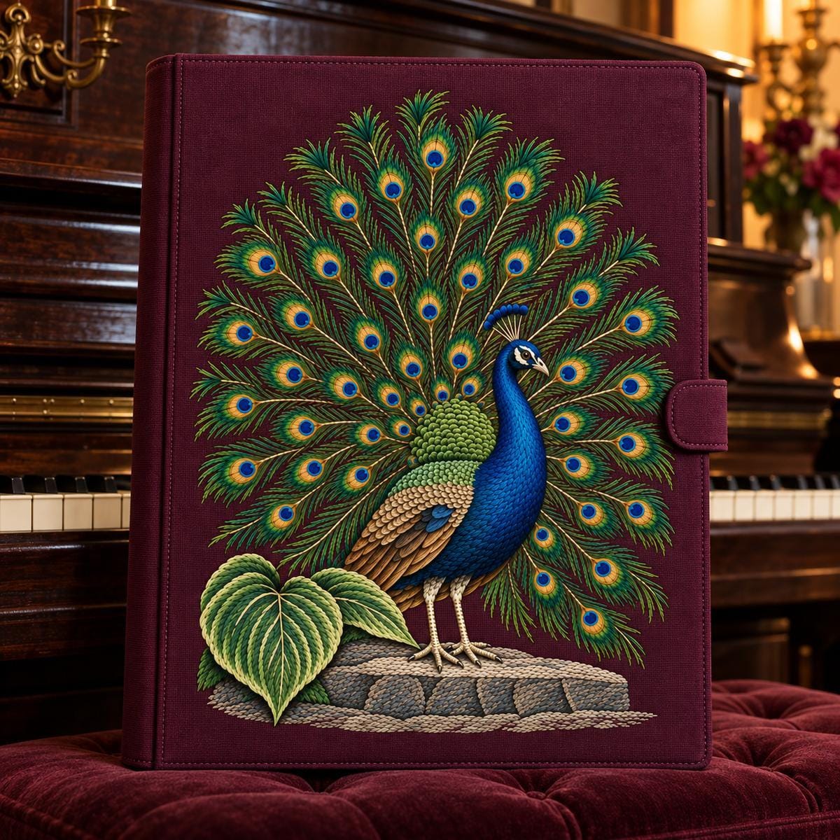 Peacock hand embroidery design on a music folio at a piano. Digital placement mockup; finished item and materials are not included.