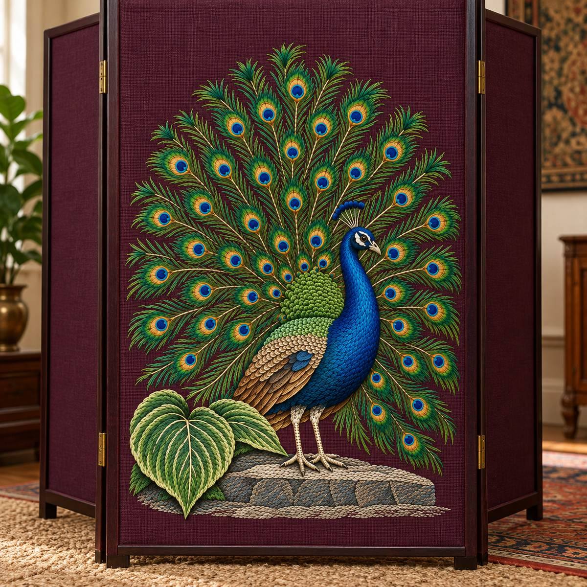 Peacock hand embroidery design on a folding room screen. Digital placement mockup; finished item and materials are not included.