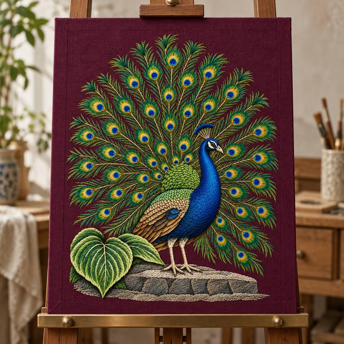 Peacock hand embroidery design on a mounted panel on an easel. Digital placement mockup; finished item and materials are not included.