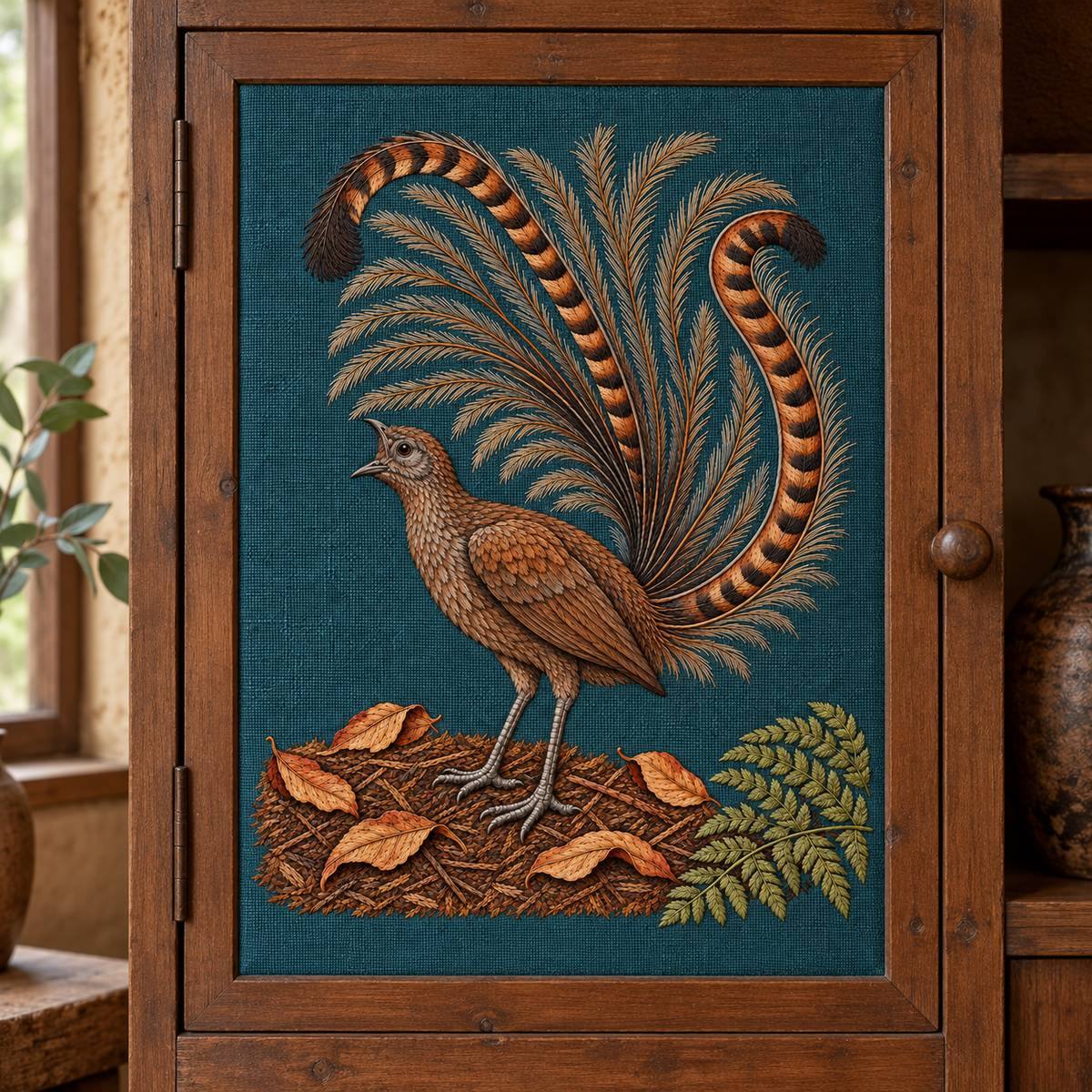 Lyrebird hand embroidery design on a wooden cabinet door. Digital placement mockup; finished item and materials are not included.