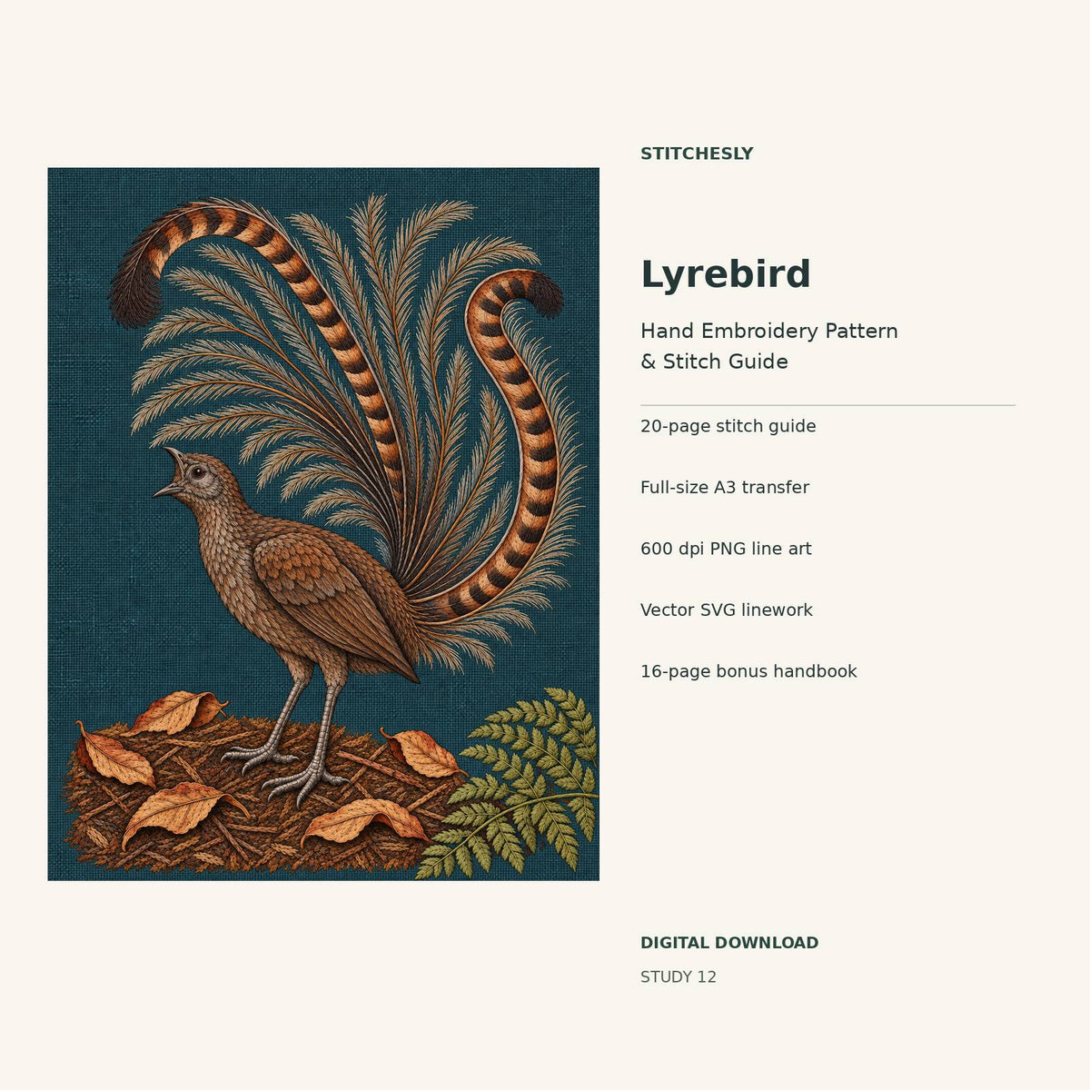Lyrebird hand embroidery digital package cover showing the reference artwork and included guide, transfer, PNG, SVG and bonus handbook.