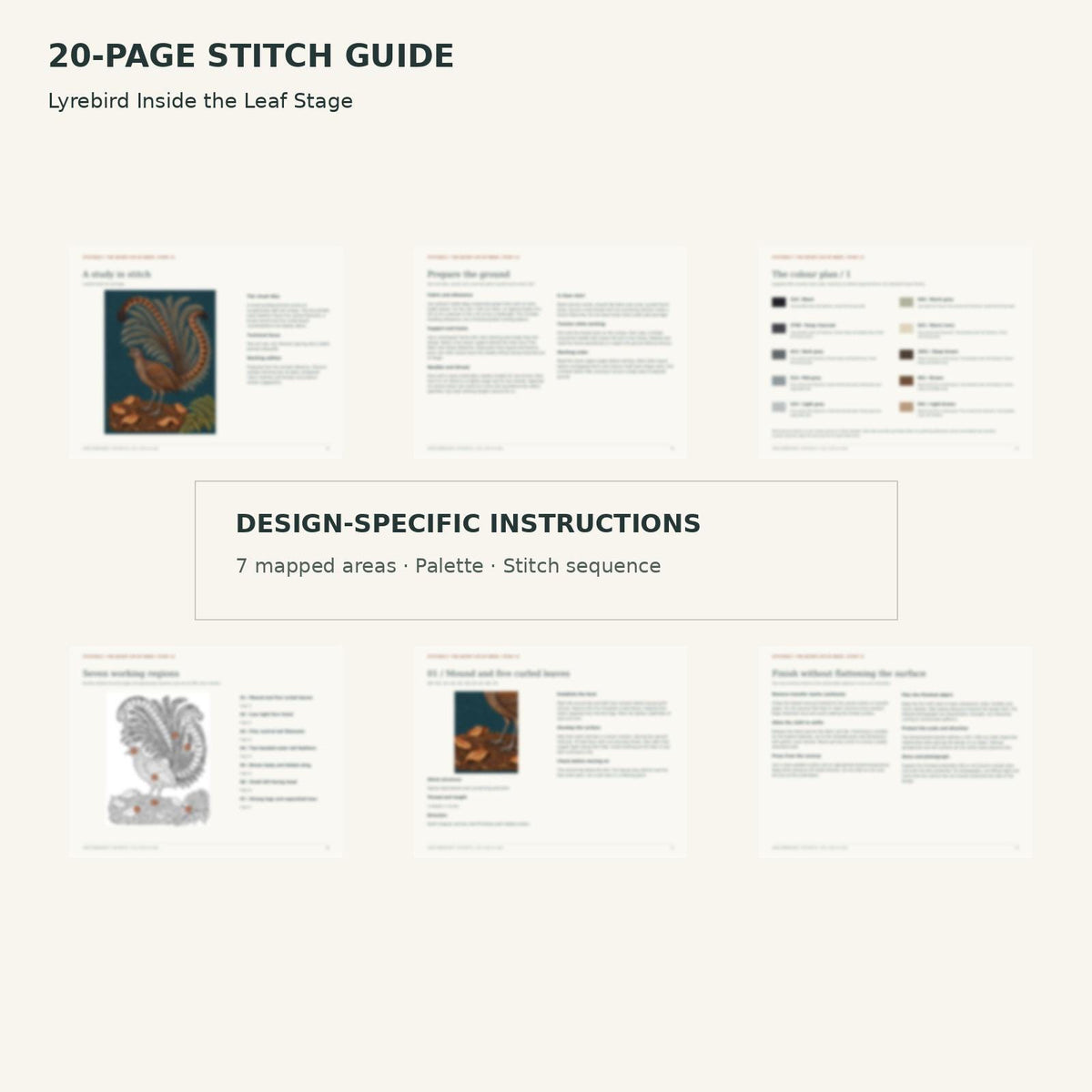 Protected page overview of the 20-page Lyrebird stitch guide, including its numbered map, suggested palette and working sequence.