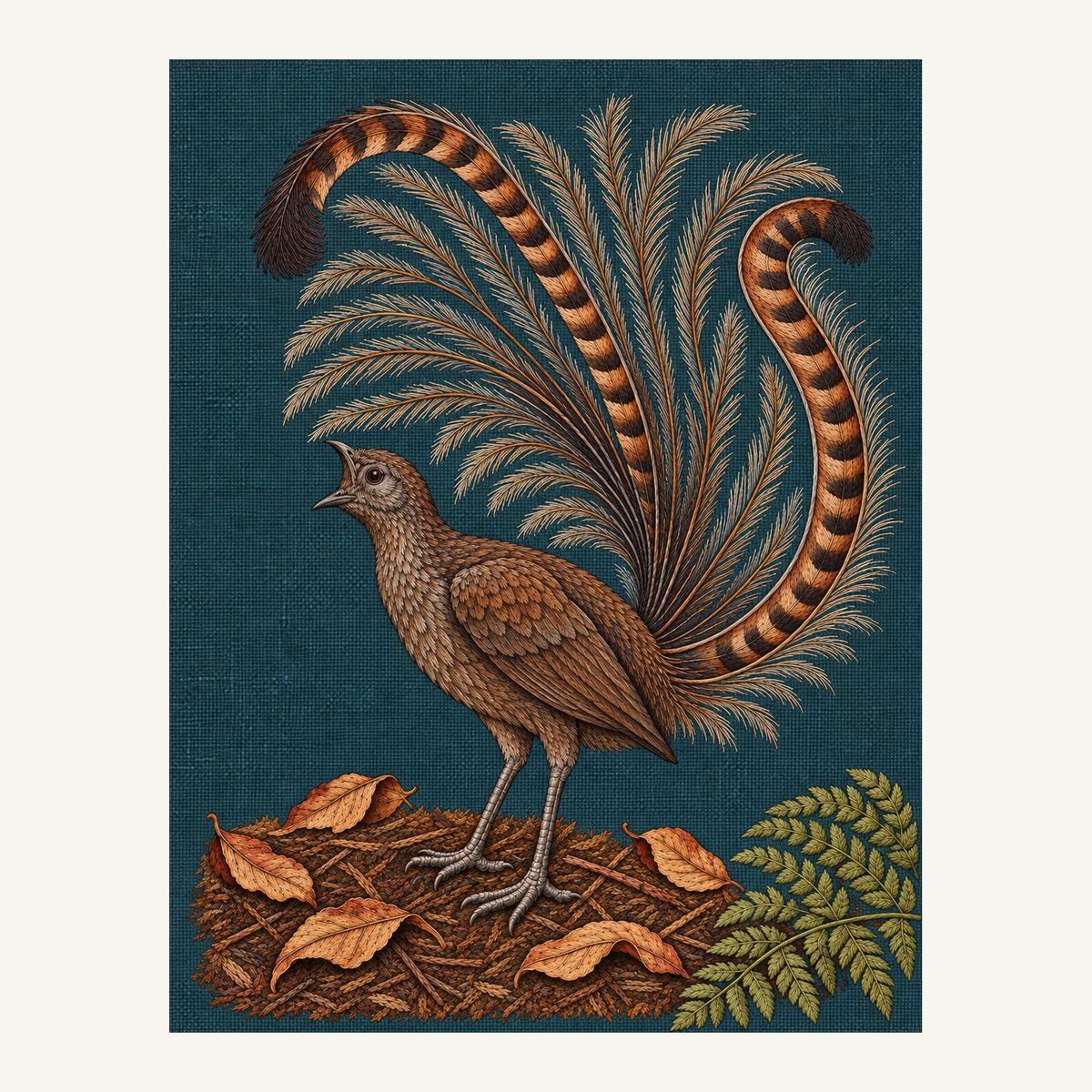 Digital embroidery reference showing a lyrebird displaying above curled leaves on deep muted blue-green linen, portrait composition.