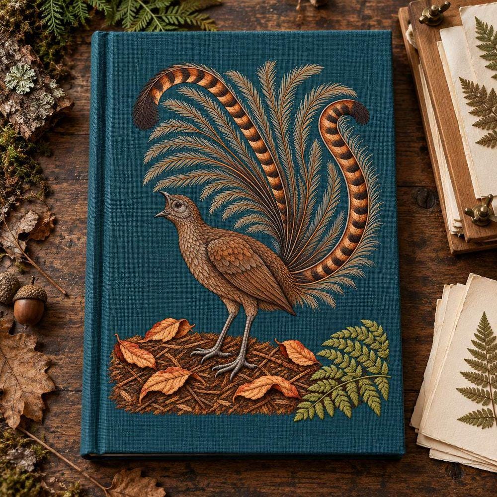 Lyrebird hand embroidery design on a teal sketchbook cover. Digital placement mockup; finished item and materials are not included.