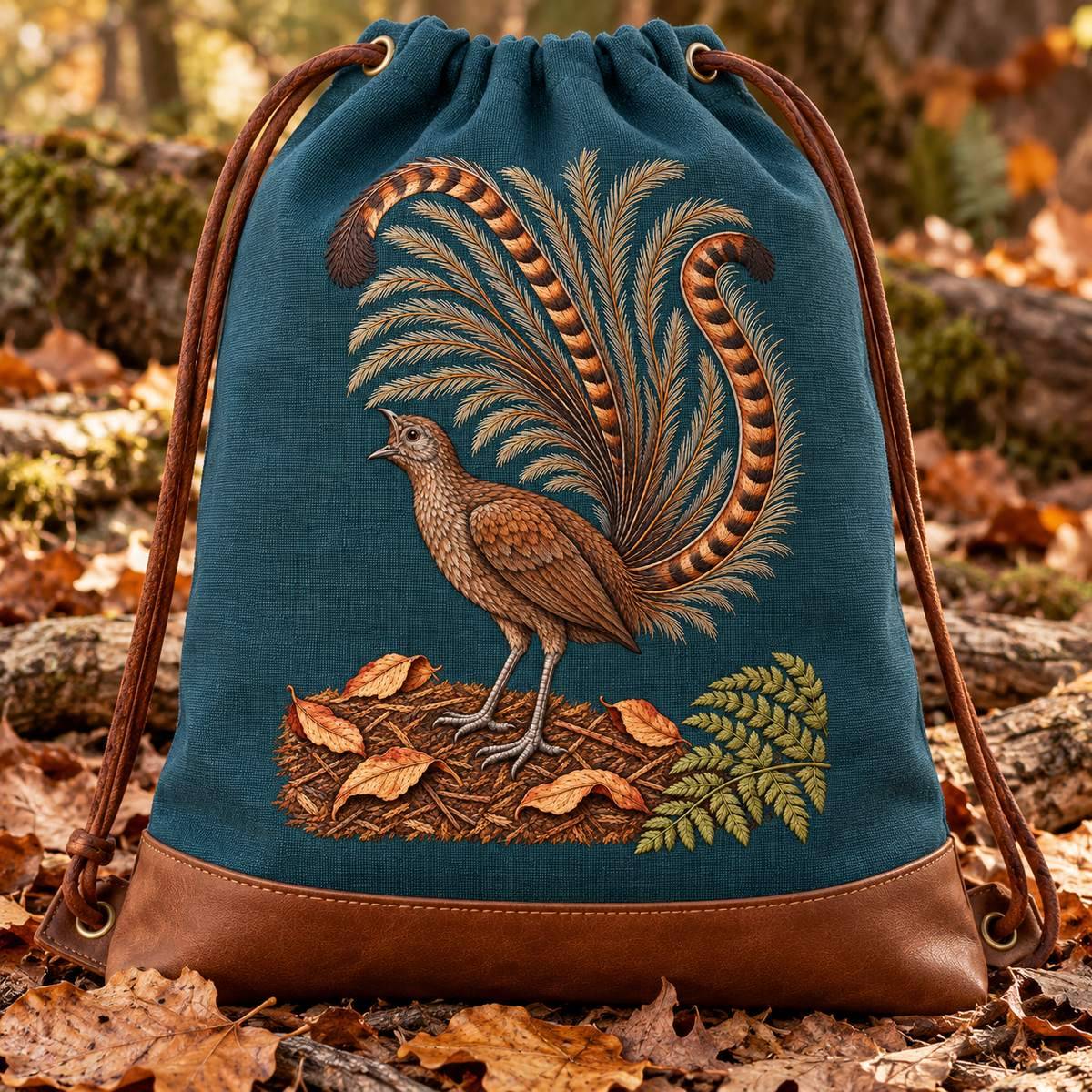 Lyrebird hand embroidery design on a drawstring backpack. Digital placement mockup; finished item and materials are not included.