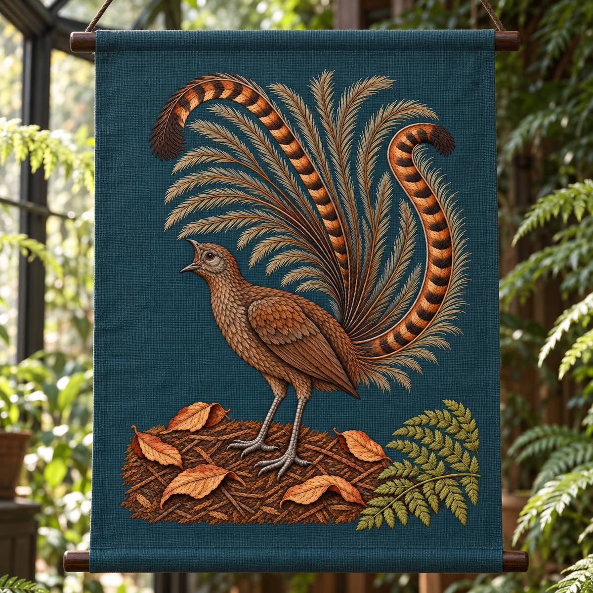 Lyrebird hand embroidery design on a hanging textile panel. Digital placement mockup; finished item and materials are not included.