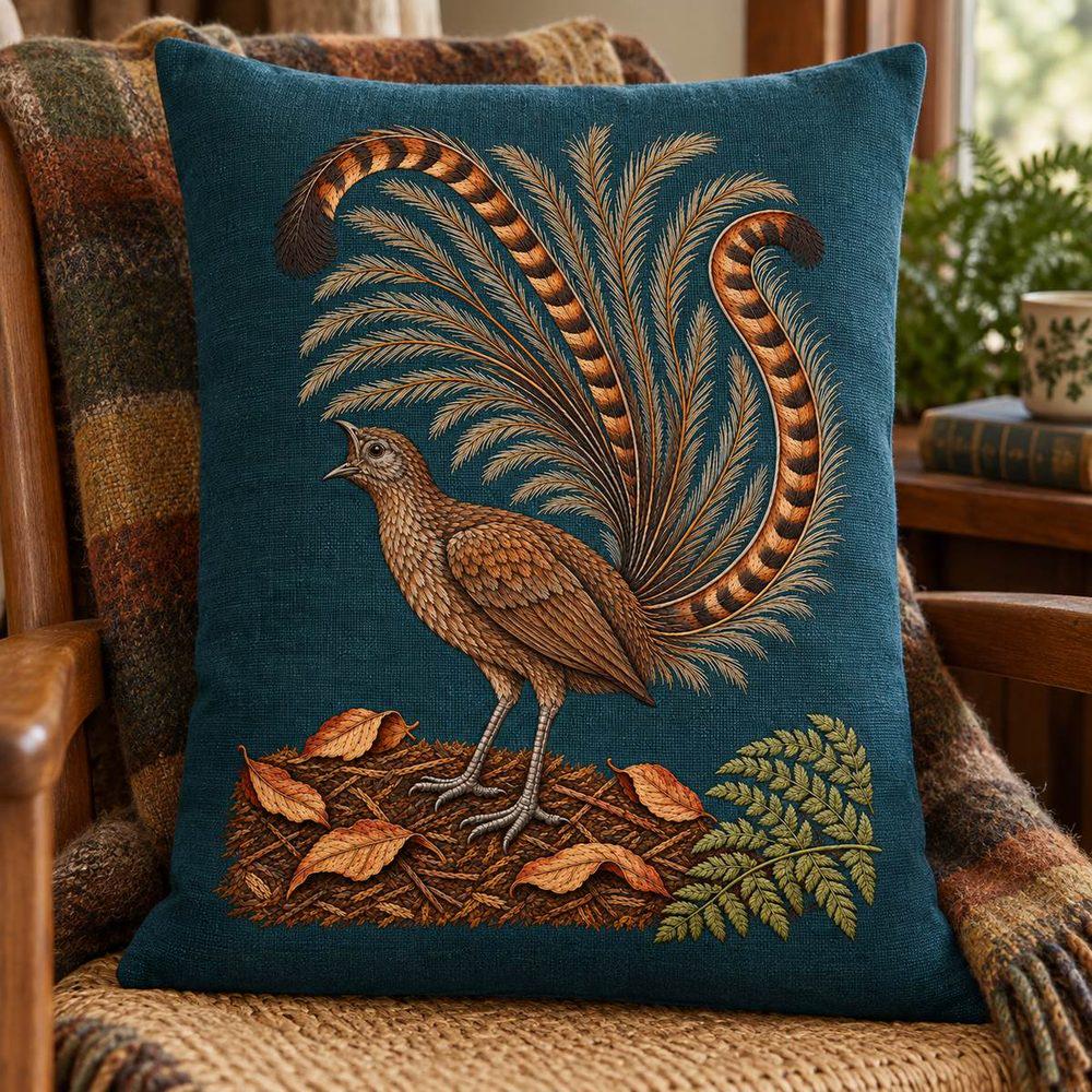 Lyrebird hand embroidery design on a square cushion. Digital placement mockup; finished item and materials are not included.