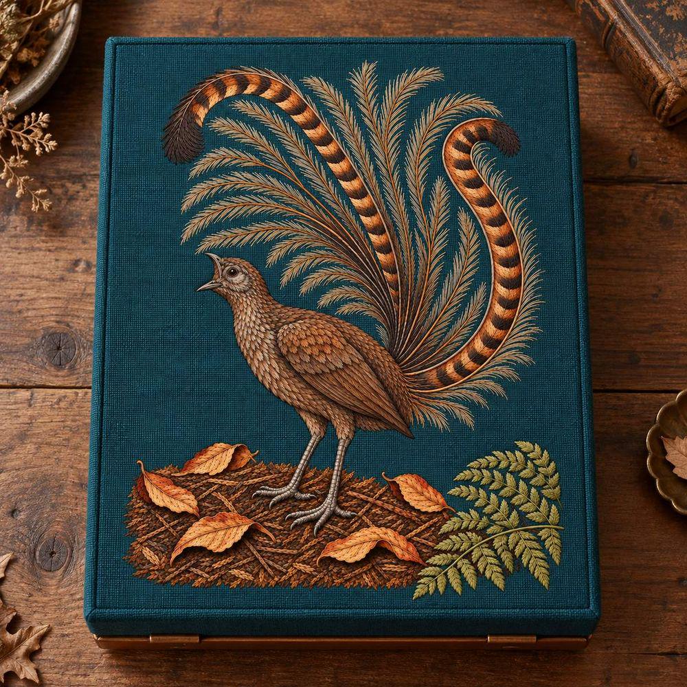 Lyrebird hand embroidery design on a flat textile folio. Digital placement mockup; finished item and materials are not included.