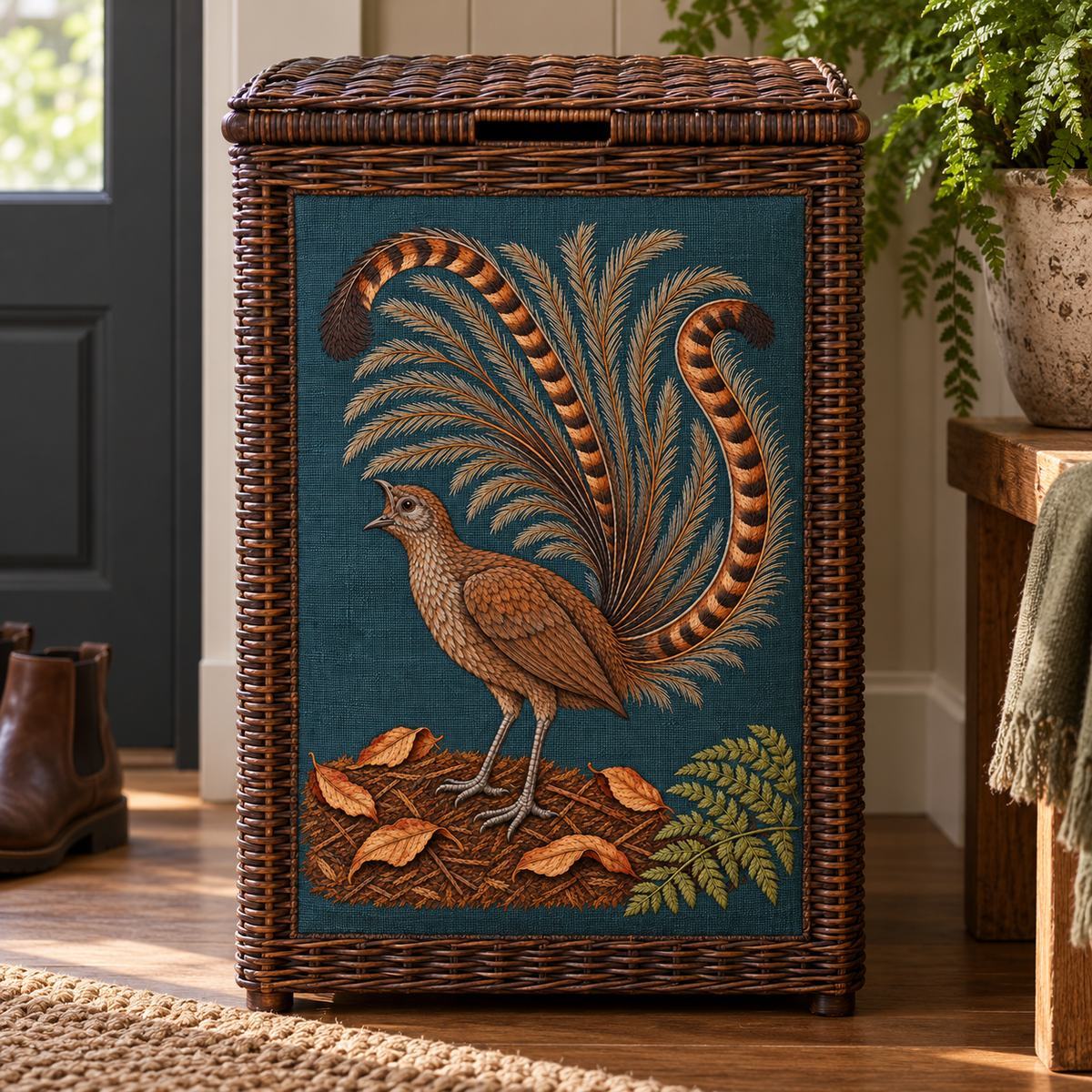 Lyrebird hand embroidery design on a wicker storage hamper. Digital placement mockup; finished item and materials are not included.