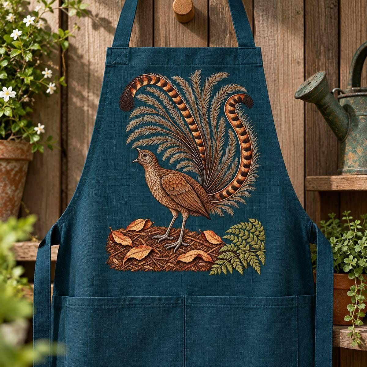Lyrebird hand embroidery design on a teal apron. Digital placement mockup; finished item and materials are not included.