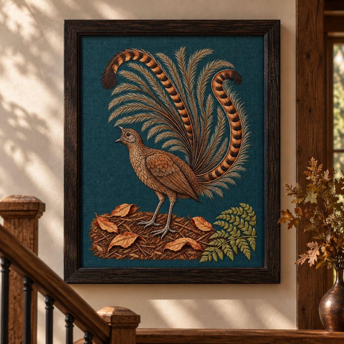 Lyrebird hand embroidery design on a framed wall display. Digital placement mockup; finished item and materials are not included.