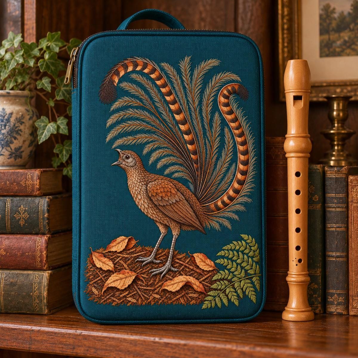 Lyrebird hand embroidery design on a teal carrying case. Digital placement mockup; finished item and materials are not included.