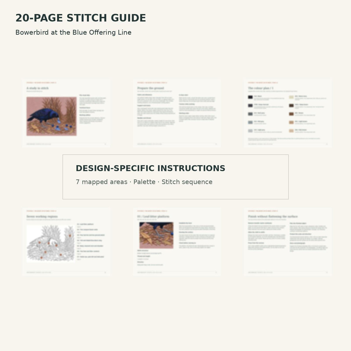 Protected page overview of the 20-page Satin Bowerbird stitch guide, including its numbered map, suggested palette and working sequence.