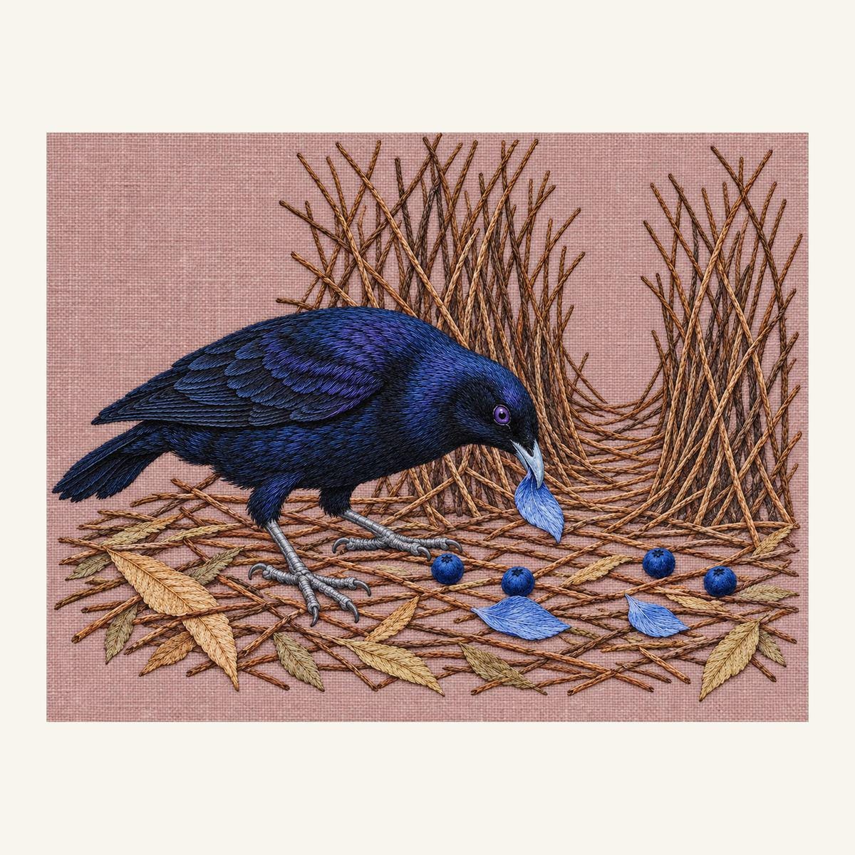 Digital embroidery reference showing a satin bowerbird with blue offerings on smoky warm rose-grey linen, landscape composition.